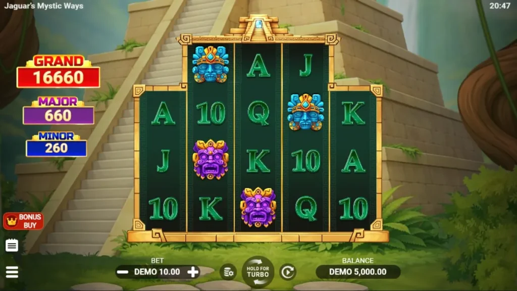 Pemandangan kuil kuno di tengah hutan dalam slot Jaguar’s Mystic Ways