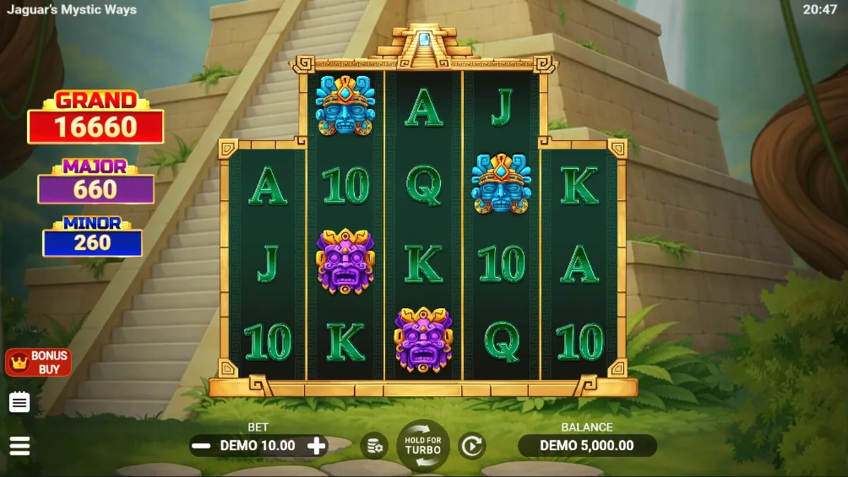 Pemandangan kuil kuno di tengah hutan dalam slot Jaguar’s Mystic Ways