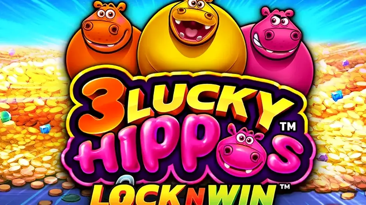 Tampilan visual slot 3 Lucky Hippos dengan karakter kuda nil yang lucu