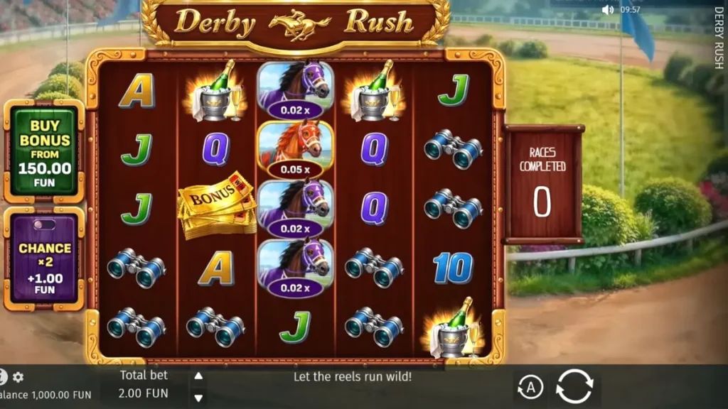 Tampilan akhir permainan slot Derby Rush dengan simbol balap kuda dan kemewahan.