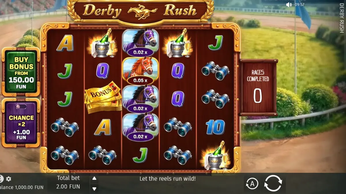 Tampilan akhir permainan slot Derby Rush dengan simbol balap kuda dan kemewahan.