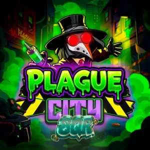 Pemandangan visual slot Plague City dengan estetika neon horor yang mencolok