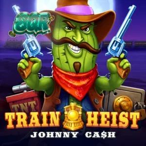 Tampilan visual slot Train Heist Johnny Cash dengan latar belakang kereta api dan simbol koboi.